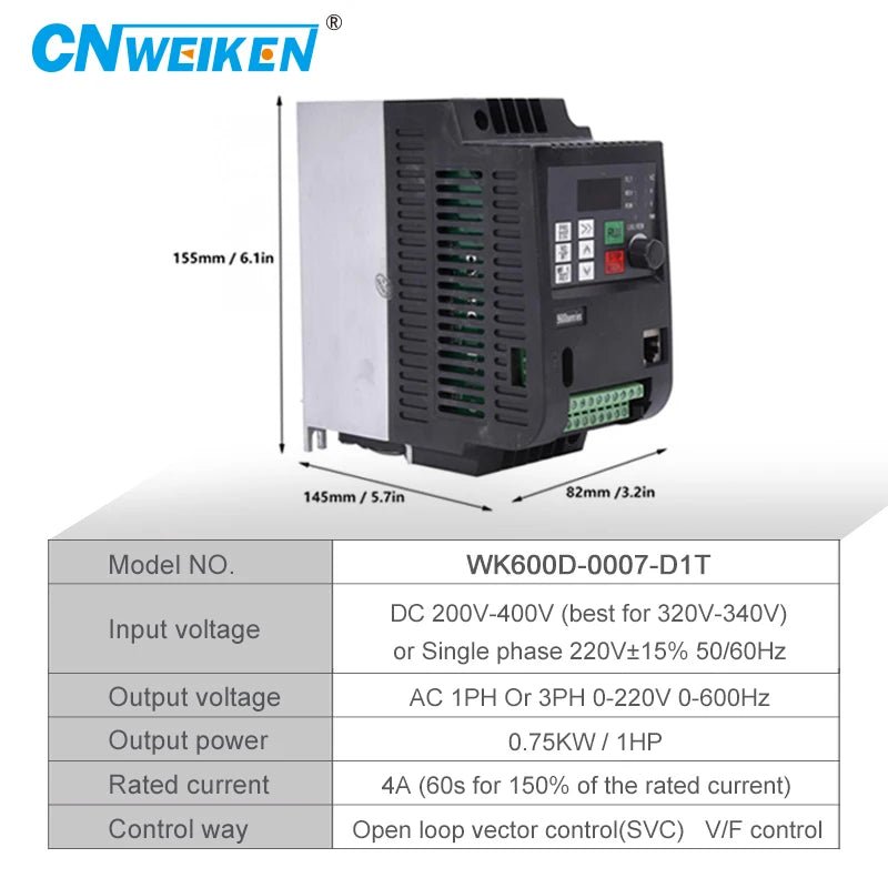 WK600D Series Solar Inverter with DC Input 0.75-2.2KW 1 Phase or 3 Phase 220V Output, Dedicated Inverter for Water Pumps VFD