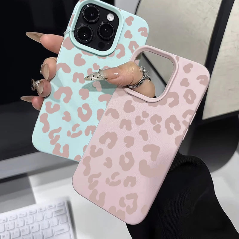 For iPhone 18 17 16 15 14 13 12 11 Pro Max Case Pink Leopard Print Lichee Pattern Silicone Cover For iPhone XS XR 16 Plus Fundas