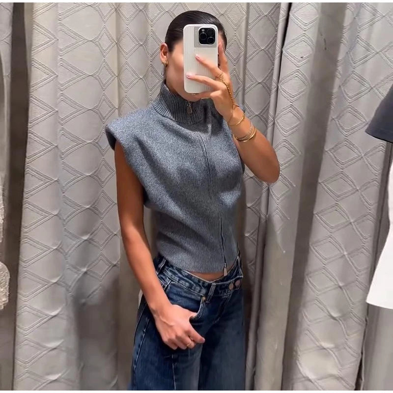 Women's Double Zipper Knit Vest Stand Collar Shoulder Pad Sleeveless Slim Cropped Sweater 2026 Autumn All-match Casual Outfits