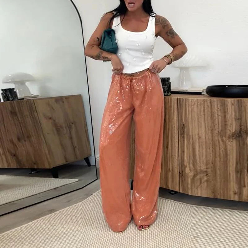 Y2K Sequin Lace Up Pants Women Elastic Low Waist Wide Leg Trousers Female 2026 Spring Summer Lady Shiny Party Clubwear Street