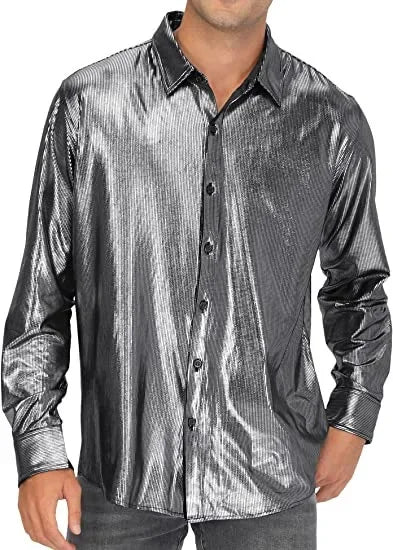 Metallic Shiny Polyester Dress Shirts for Men Black Solid Gold Red Silver Long Sleeve Turn Down Collar Prom Disco Men's Shirt