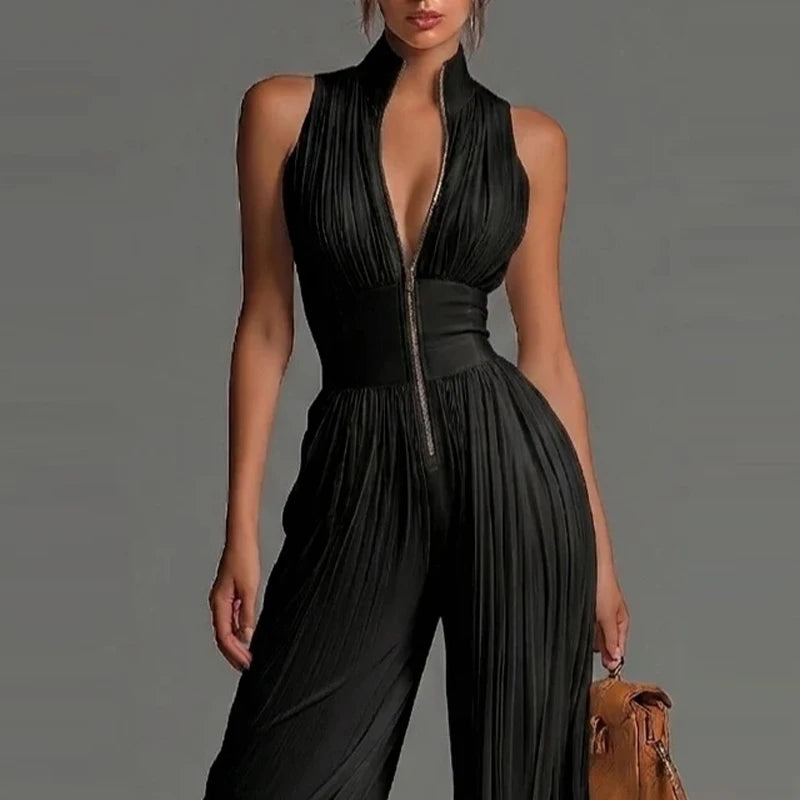 Elegant Lady Zipper Wide Leg Playsuits Stand Collar High Waist Pleat Jumpsuit Fashion Sleeveless Pure Color Slim Commute Rompers