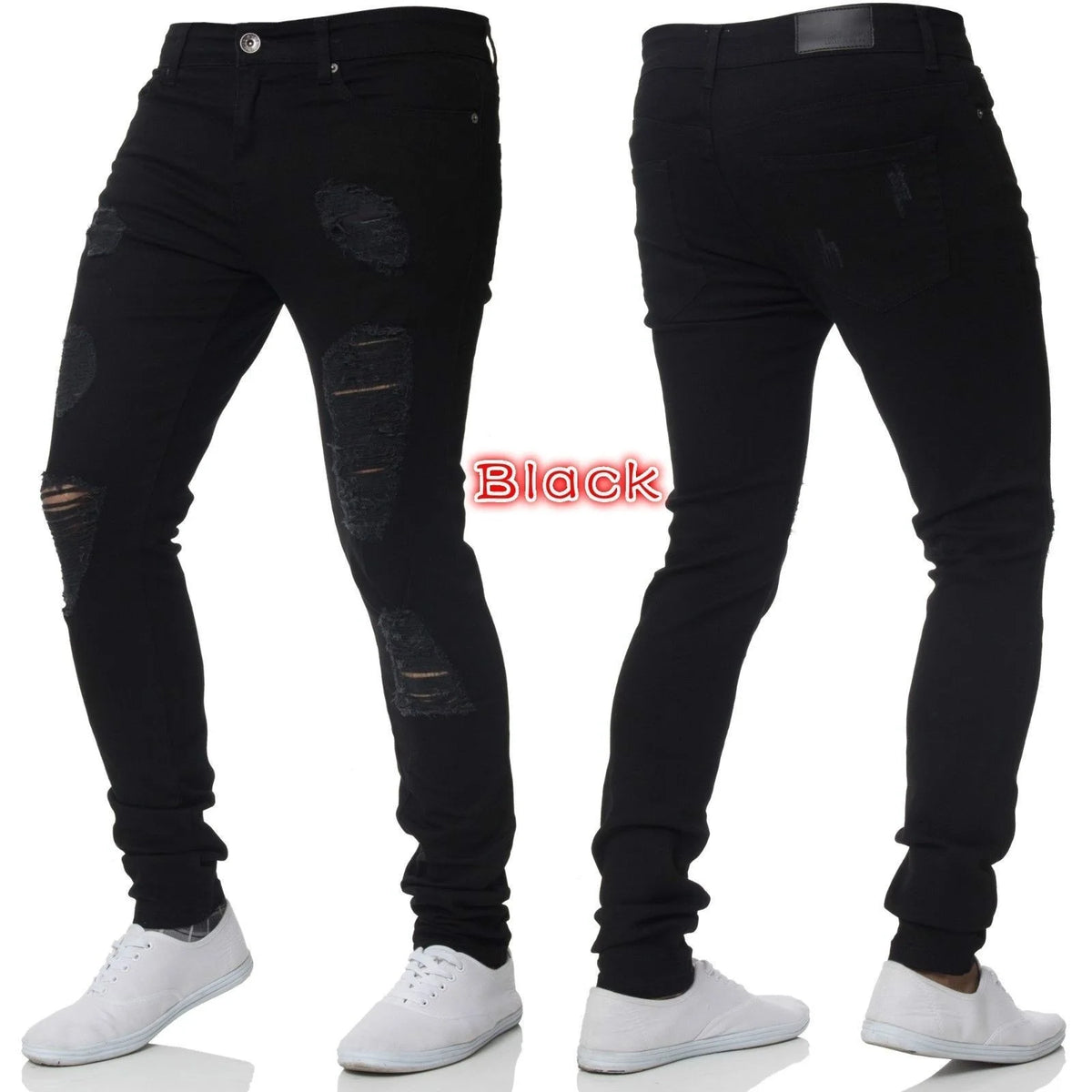Men Jeans Knee Hole Ripped Stretch Skinny Denim Pants Solid Color Black Blue Autumn Summer Hip-Hop Style Slim Fit Trousers S-4XL