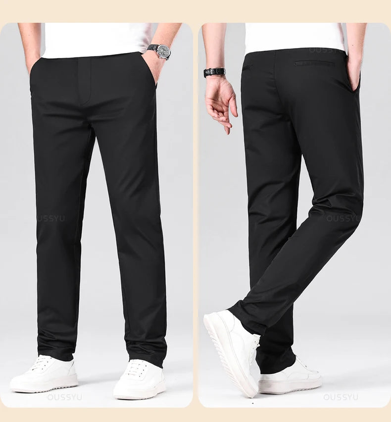 High Quality 97% Cotton Men's Straight Pants Business Solid Color Khaki Light gray Casual Formal Suit Trousers Plus Size 40 42