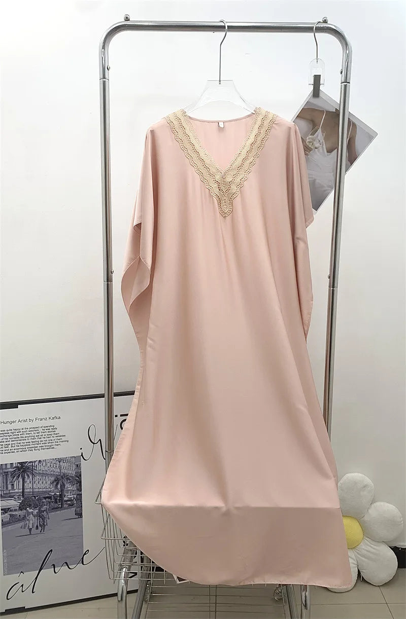 Sexy Lace V Neck Nightdress Women Night Dress Summer Short Sleeve Satin Sleepwear Loose Silky Long Nightgowns Overized