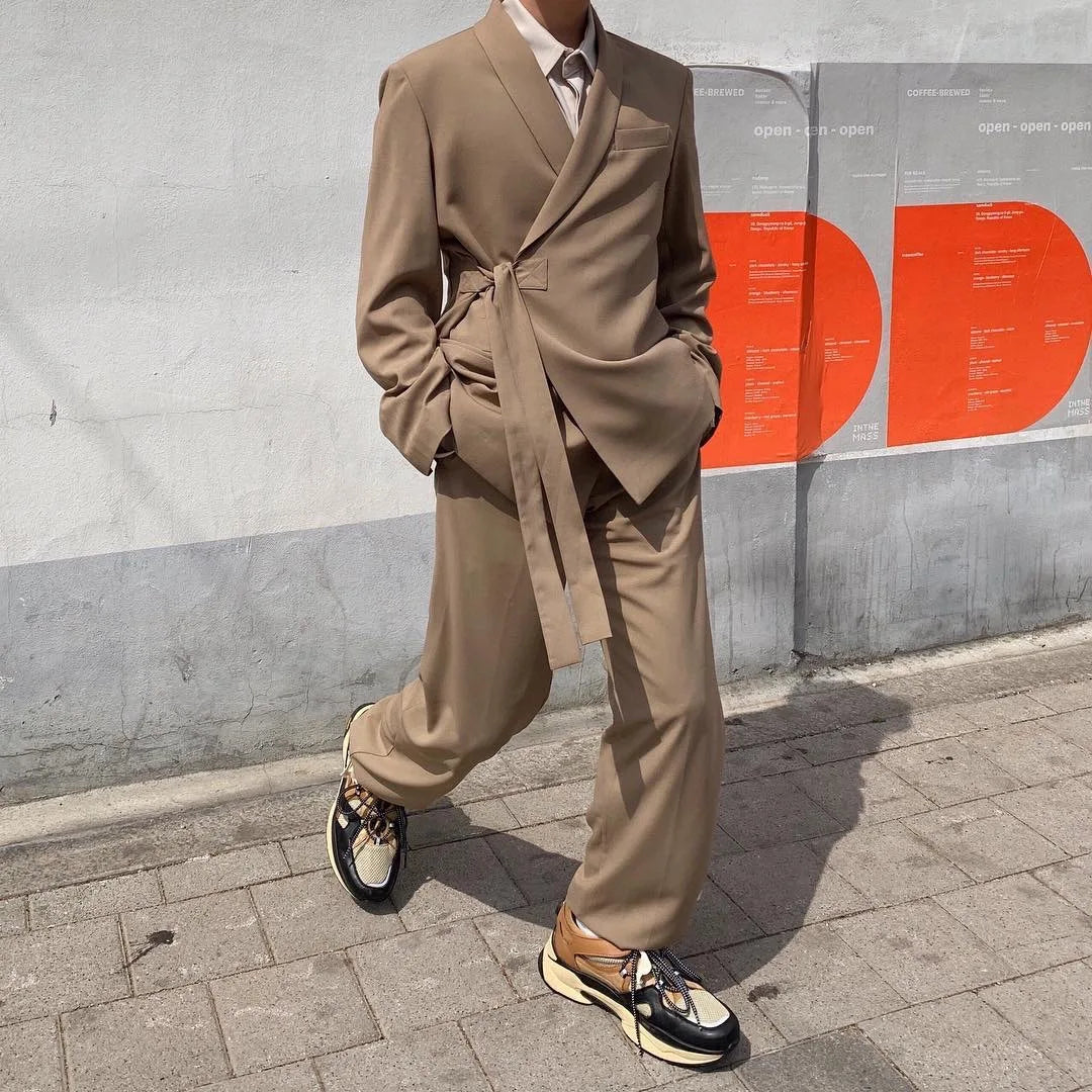 Spring Autumn Men's Loose Half Sleeved Suits Blazer Pants  2 Pieces Solid Clor Fashion Half Waistband Casual Blazer Suit Sets