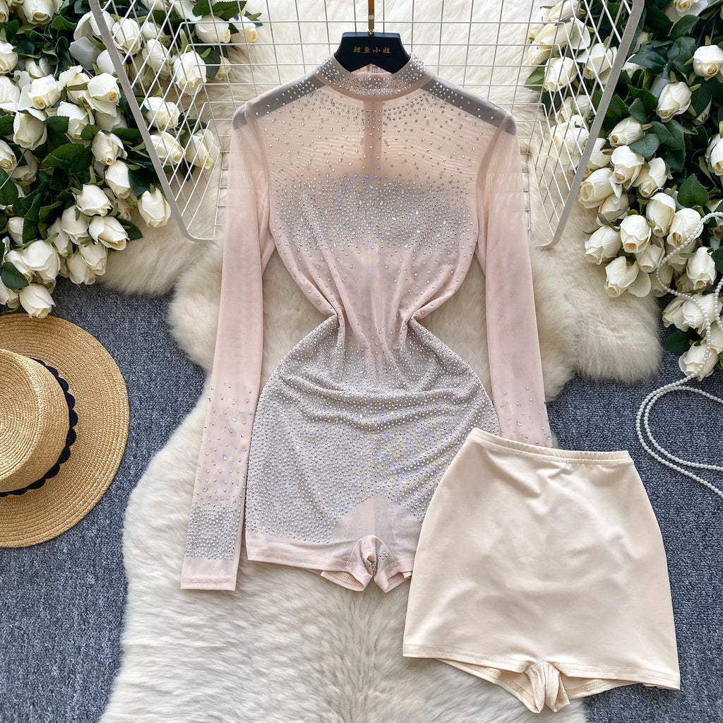 SINGREINY Summer Thin Sheer Sexy Bodysuit Long Sleeve Zipper With Shorts Design Rompers Beadings Streetwear Women Mesh Playsuits