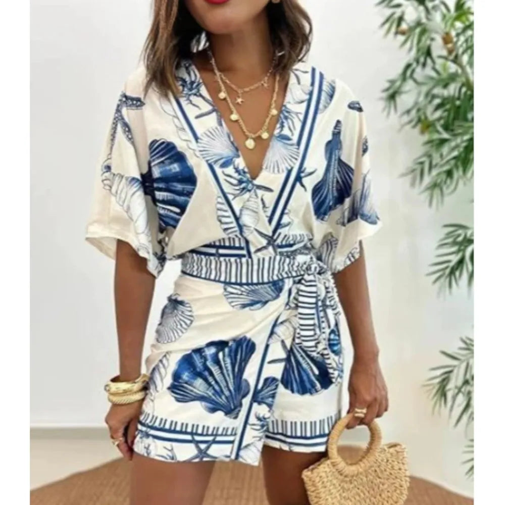 Fashion Printed Short Sleeve Women's V-neck Slim Fit Jumpsuit Summer New Casual Bohemian Female Vacation Lace Up Rompers 2026