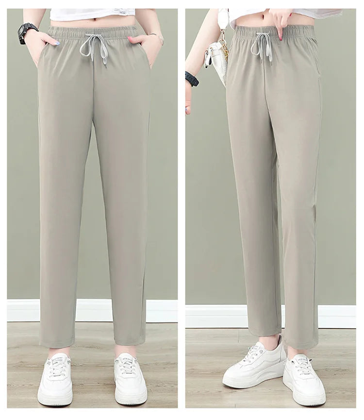 New Women'S Fashion Loose Summer Thin Ice Silk Pants Mom'S Casual High Waist Comfortable Versatile Sports 9-Point Trousers