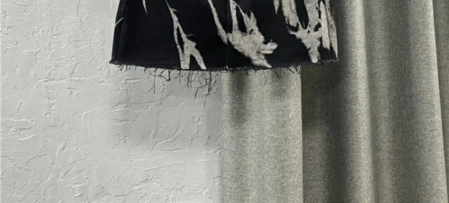 Black Gray Tie Dye Denim Short Skirt High Waist Personalized Pattern Denim Skirt Fringed A-line Skirt Fashion Versatile Skirt