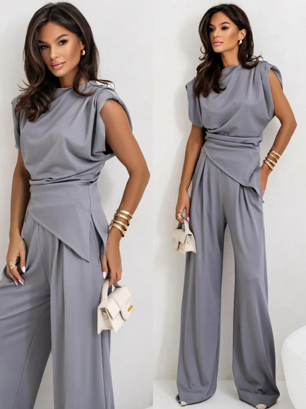 Summer Solid Asymmetric Short Sleeve Set Women's Casual 2-Piece