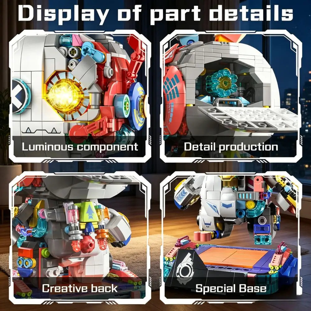 KAVOWORLD 1377PCS Robot Rabbit Building Blocks Set LED Light Up Multi-Point Rotatable Detachable Base DIY Cyberpunk Mecha Building Rabbit Bricks Kit Mechanical Bunny Construction Toy for Home Office Desk Decor Christmas Birth