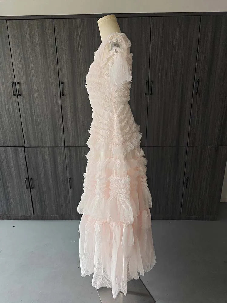 Eshin Elegant Midi Dress Short Sleeve Summer Spring New Fashion Design Women Runway Mesh Ruffles V-Neck Party High Street TH6731