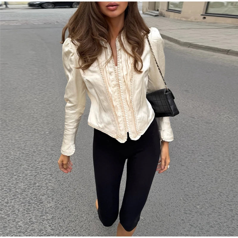 Solid Satin Lace V-Neck Puff Sleeve Blouse Curved Hem Slim Fit 2026 Summer Glam Women Satin Shirt Parisian Versatile Lady Blusa