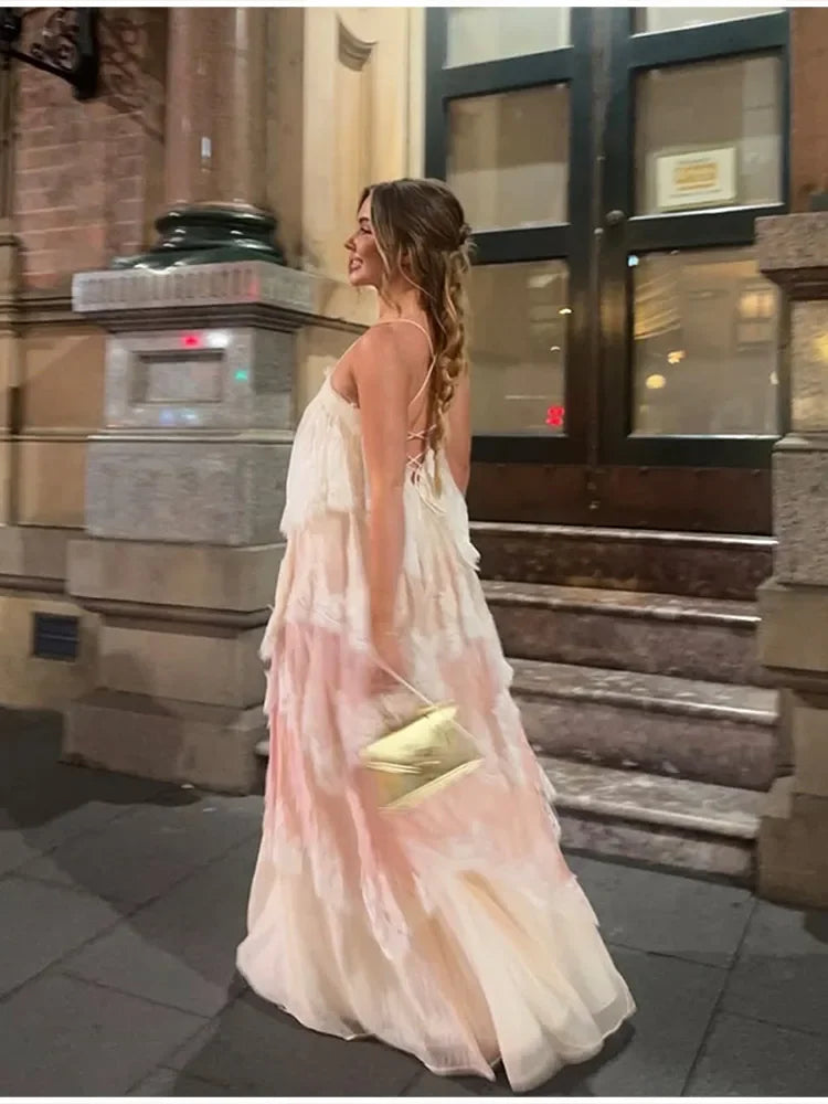Romantic White Pink Tiered Lace Maxi Dress Spaghetti Straps Cross Back Tie Closure Flowy Skirt Women Date Party Vacation Outfit
