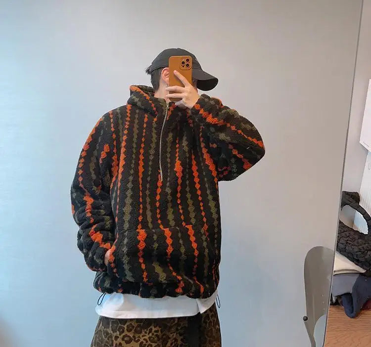 Retro Vertical Striped Autumn Winter Oversized Hooded Overcoat Men's Warm Velvet Loose Casual Half-zip Jackets Male Clothes