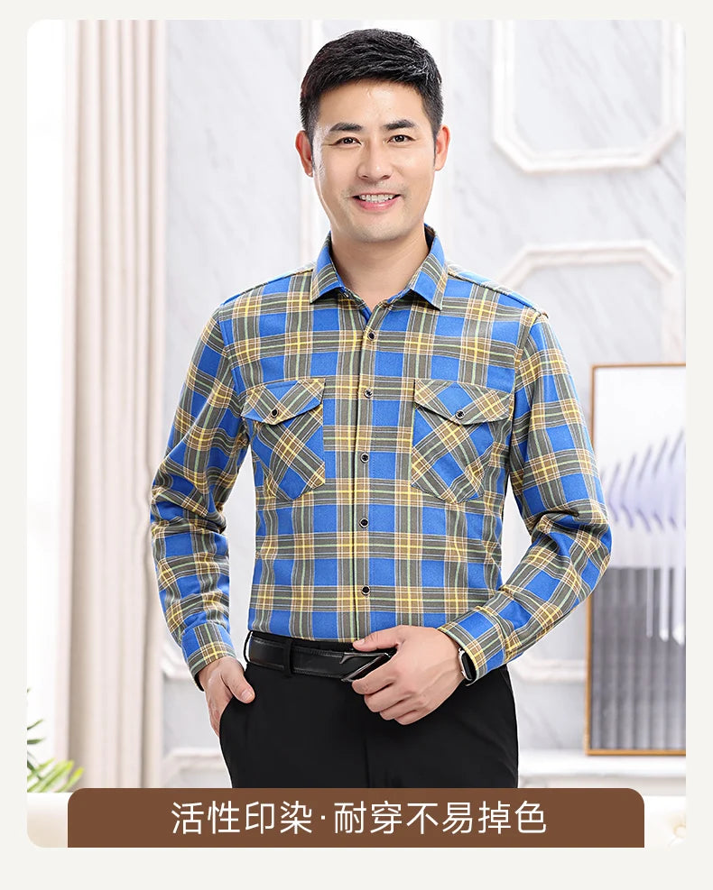 2025 Autumn Winter Men's Fashion Plaid Striped Print Shirts Double-sided Fleece Long Sleeve Thick Warm Shirts Soft Big Size 7XL