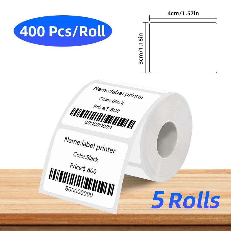 5 Rolls of Thermal Label Paper, Coreless White Self-Adhesive Waterproof Stickers, Suitable for Portable Handheld Printers - for Barcodes, Addresses, Shipping, Corporate Offices, Commercial and Home Labels 30*20mm 30*30 40*20