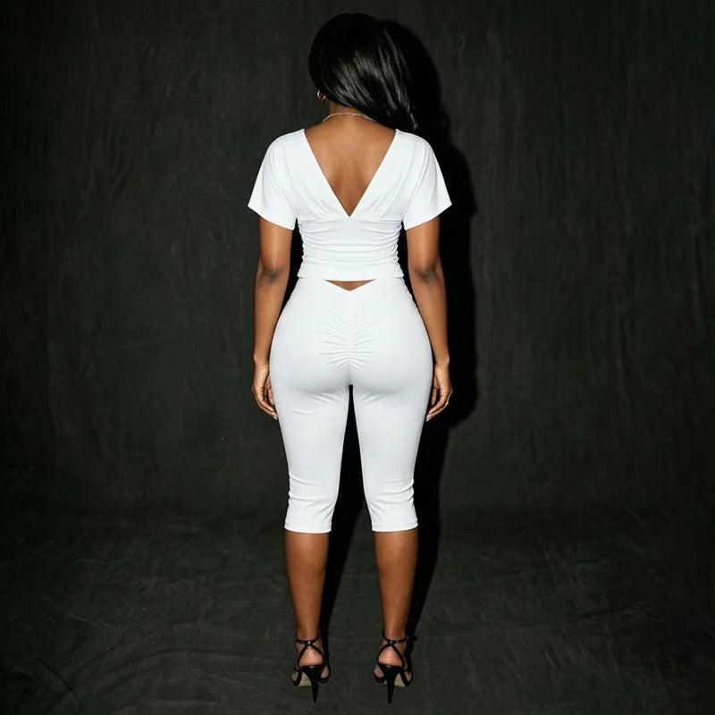 STYLISH LADY Y2K Solid Color Two Piece Set Batwing Sleeve Ruched Top Capri Pants 2026 Women Bodycon Vacation Party Outfits