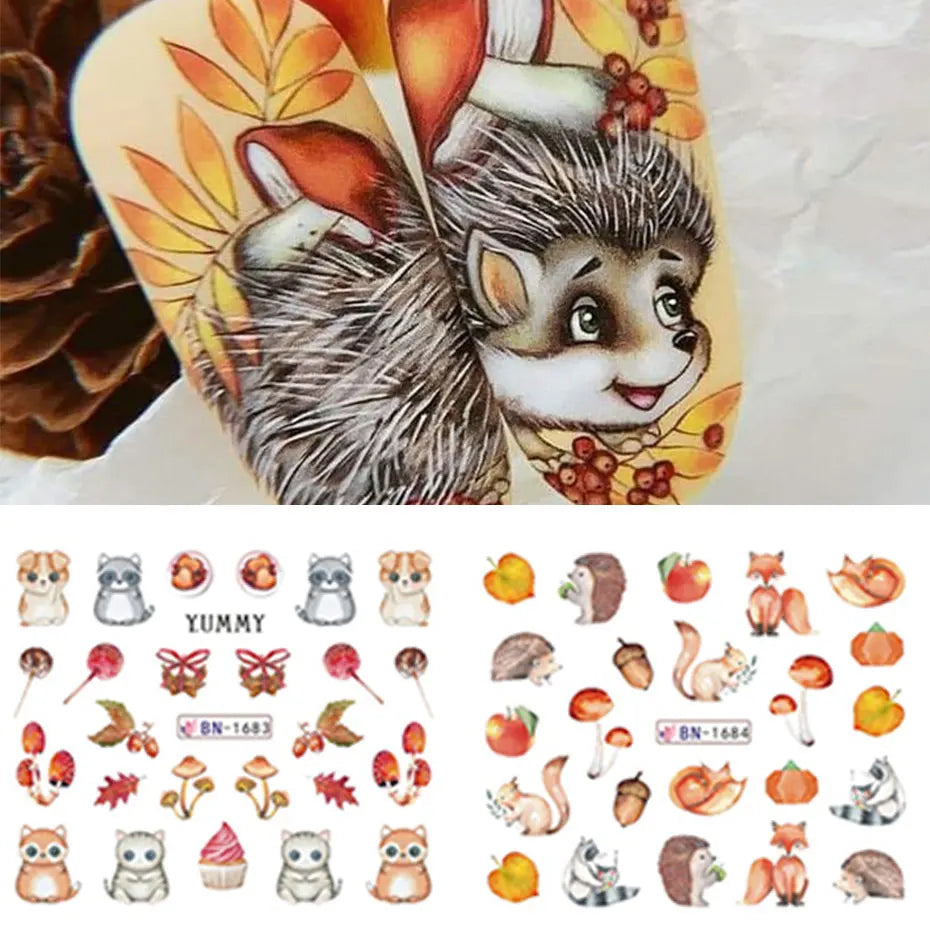 12Design Autumn Animal Nail Art Water Sticker Cartoon Owl Squirrel Fox Hedgehog Transfer Slider Fall Theme Fruits Manicure Decor