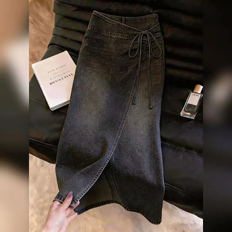 Side Slit Denim Long Skirts Womens Summer Vintage Floral Embroidery Jeans Pencil Skirt Bandage High Waist Women Long Skirt