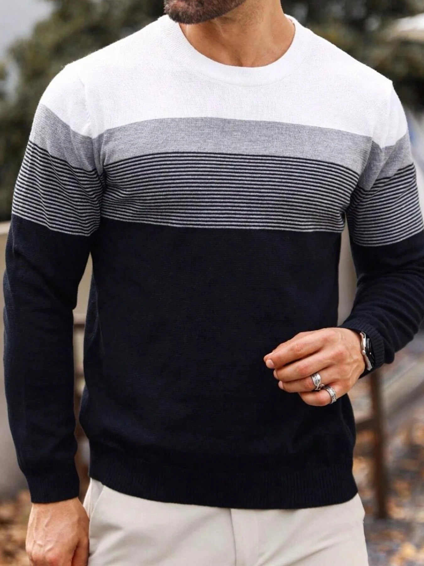 Men Spring Autumn Crew Neck Color Block Horizontal Striped Knit Sweater Long Sleeve Slim Casual Pullover Tops