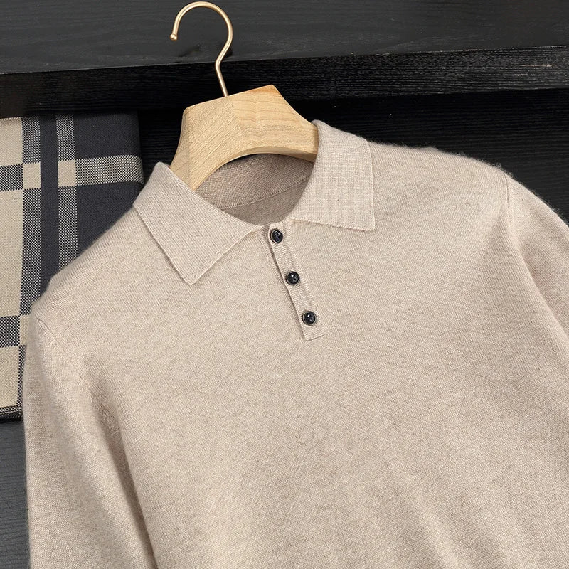 Autumn/Winter Men's 100% Cashmere Pullover Business Casual Solid Knitted Sweater Loose POLO Collar Tops Basic Thick Warm Jumper
