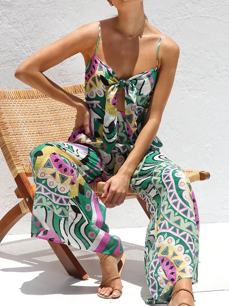 Summer Women Sleeveless Patchwork Chic Playsuits, Holiday Print Backless Jumpsuits, 2025 Wide Leg Pants Simple Ladies Bodysuits