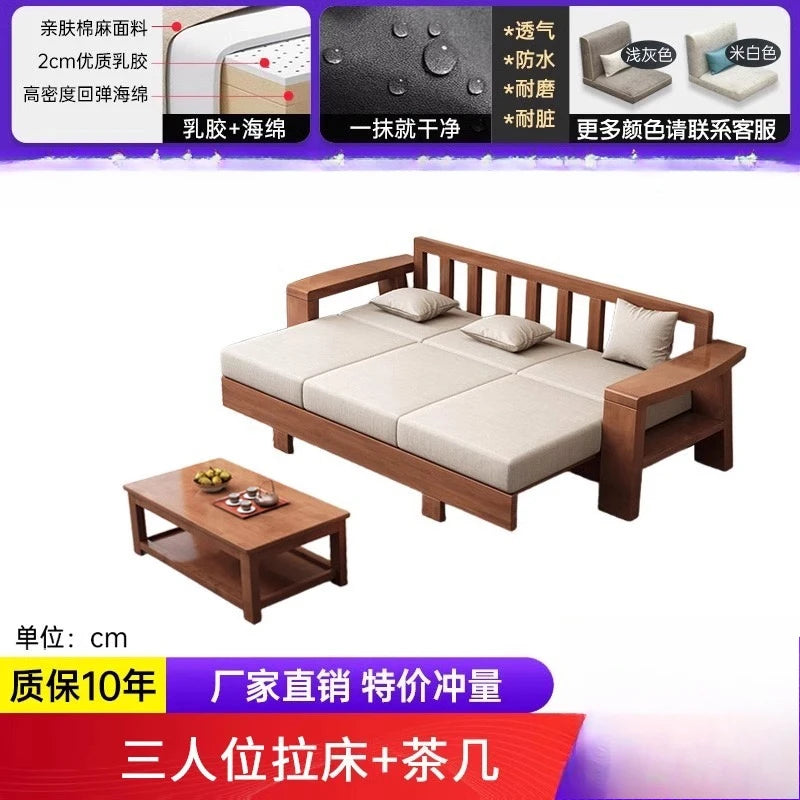 Solid Wood Sofa Living Room Home Use Full Solid Wood Furniture Set Small Apartment Dual-use Natural Wood Sofa Bed