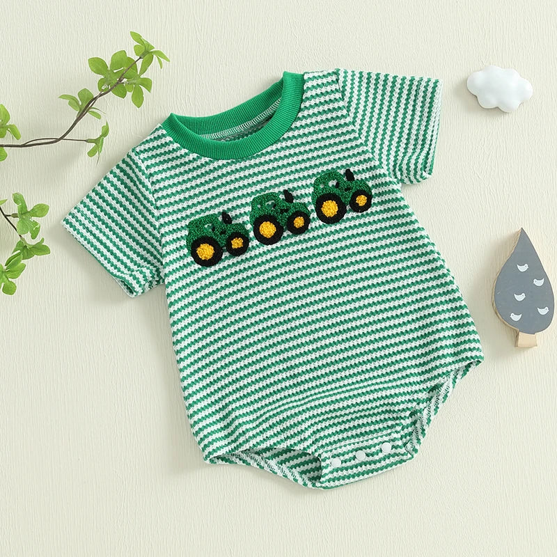 Newborn Baby Romper Summer Crewneck Romper Clothing Waffle Truck Embroidery Stripe Jumpsuits Toddler Infant Boys Girl Playsuit