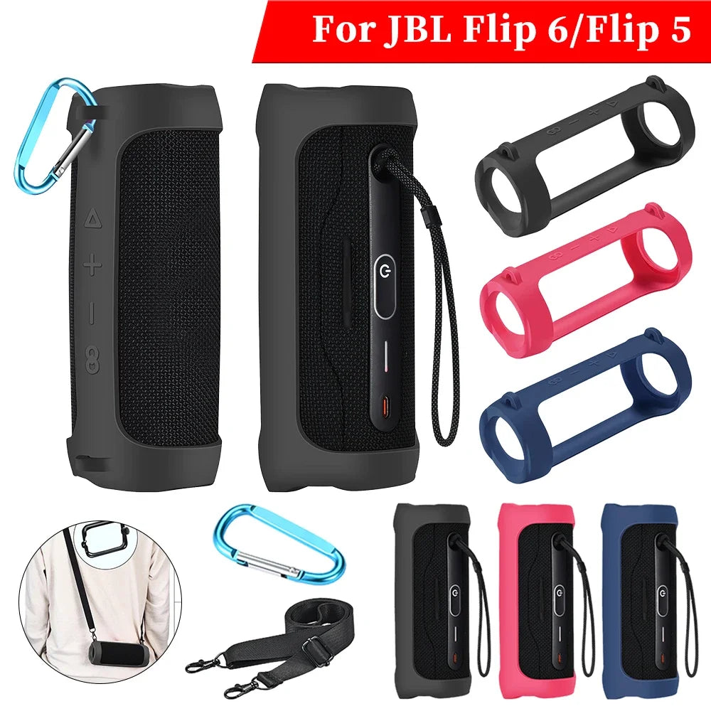 For JBL Flip 6/Flip 5 Silicone Travel Carrying Pouch with Carabiner Waterproof Portable Speaker Protective Case Adjustable Strap