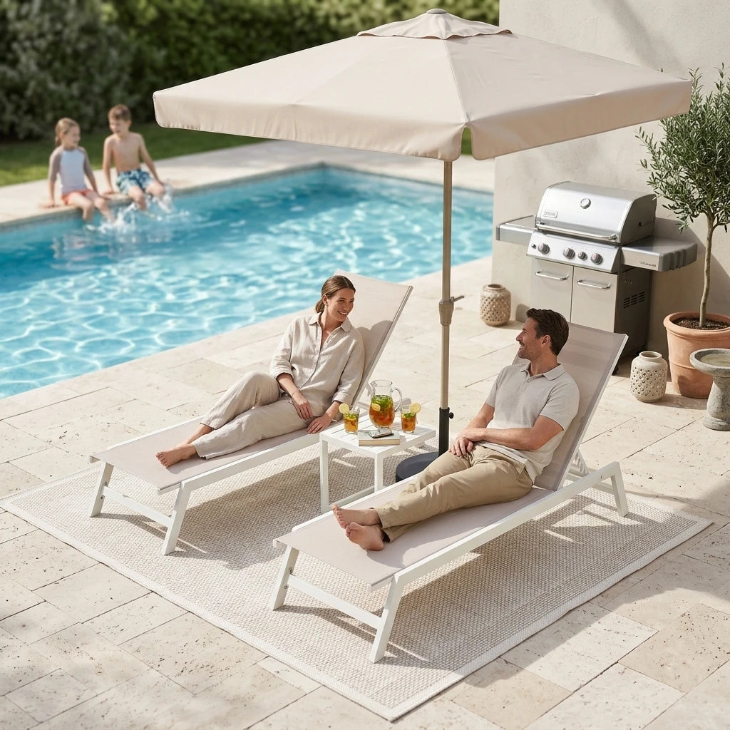 3PCS Aluminum Teslin Sun Lounger Set With Side Table Adjustable Backrest Outdoor Chaise Lounge Pool Garden Beach Hotel Sunbed