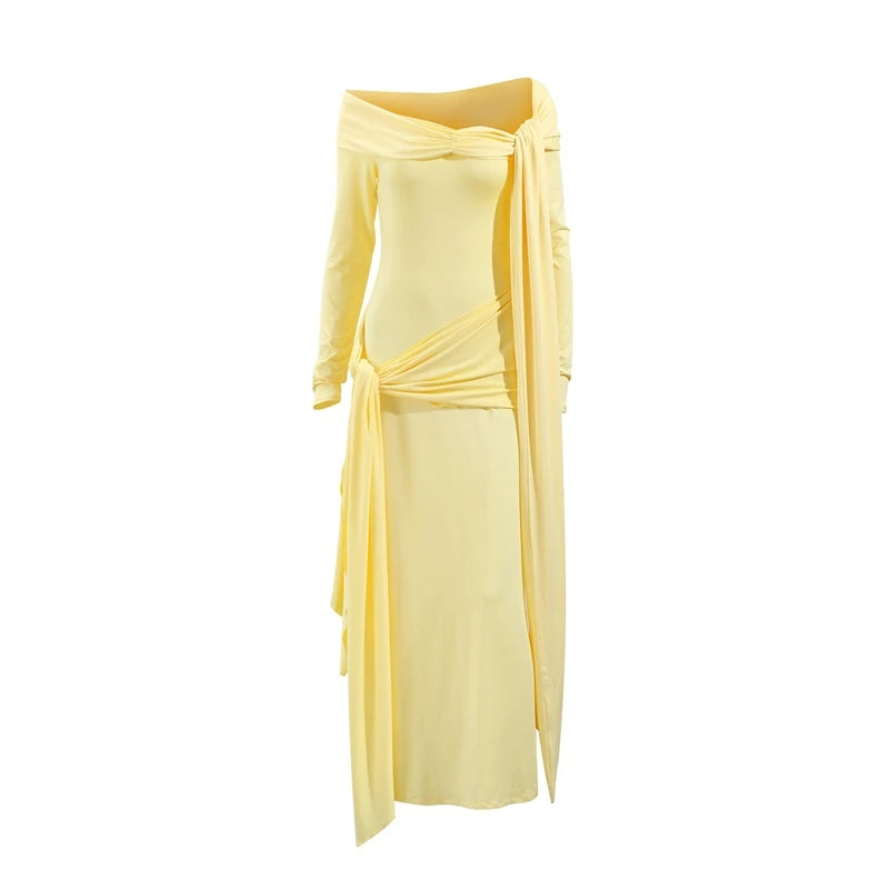 Yellow Pleated Off-shoulder Ribbon Dress Women's Sexy Lace Up Full Sleeve Bodycon Dresses 2025 Autumn New Elegant Party Vestidos