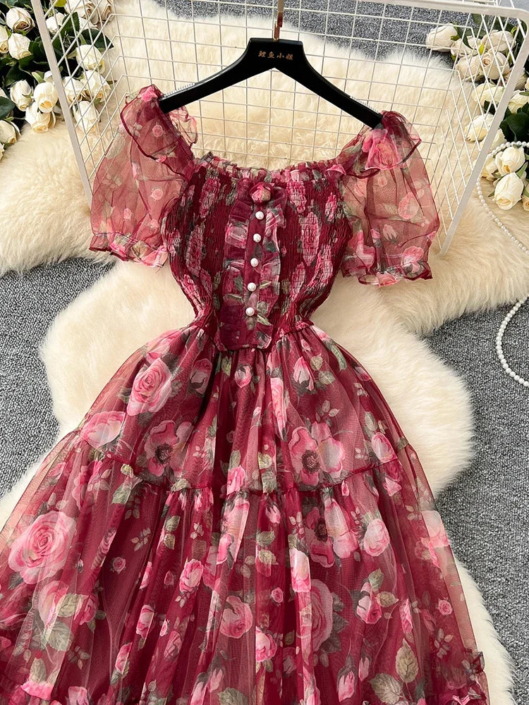 Summer Vintage French Mesh Dress for Women New Waist Cinched Slash Neck Bubble Sleeves Sweet Floral Chiffon Dress Female C146