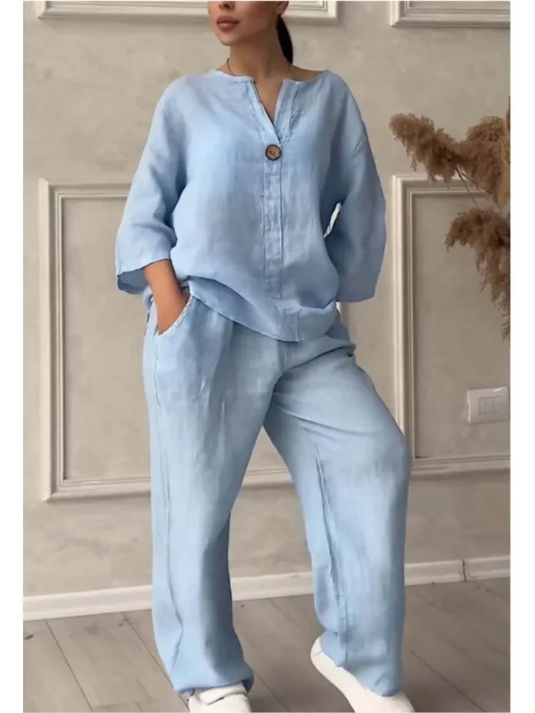 Fashion O Neck Long Sleeve Cotton Linen Shirt Suit Women Spring Autumn Casual Solid Color Pocket Pants Female Office 2 Piece Set