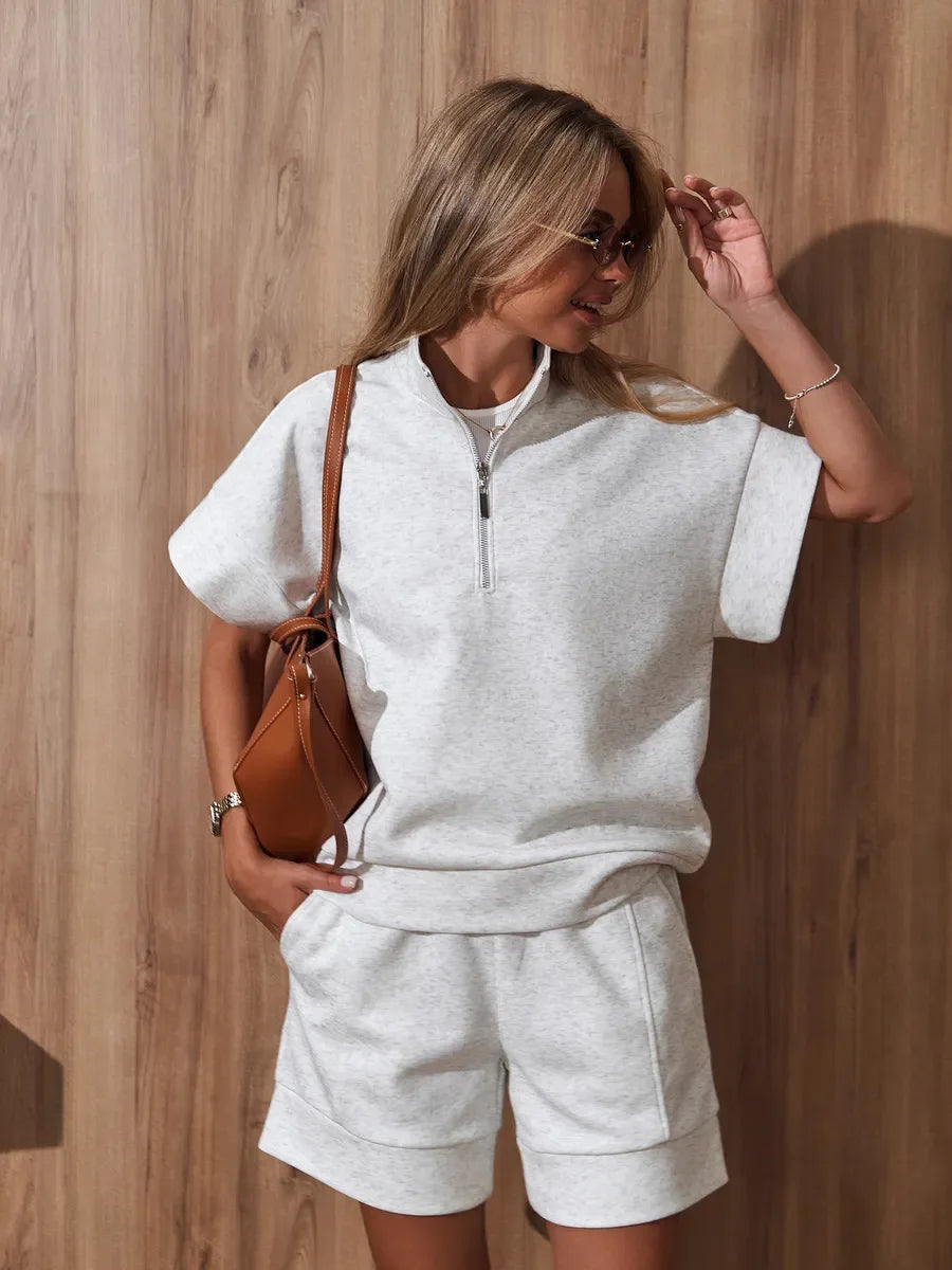 2026 Summer New Long-sleeved Shorts Sweater Set Solid Color Fashion Casual Short 2-piece Set