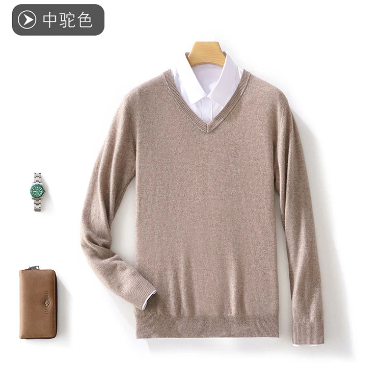 100% Merino Wool Men's V-Neck Pullover Autumn and Winter Basic Knit Versatile Sweater Casual Long Sleeve Shirt Cashmere Man Top