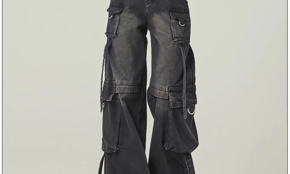 Black Gray Multi Pocket Cargo Jeans Women's Y2K Gothic Baggy Harajuku Oversize Denim Trousers Washed Straight Leg Wide Leg Pants
