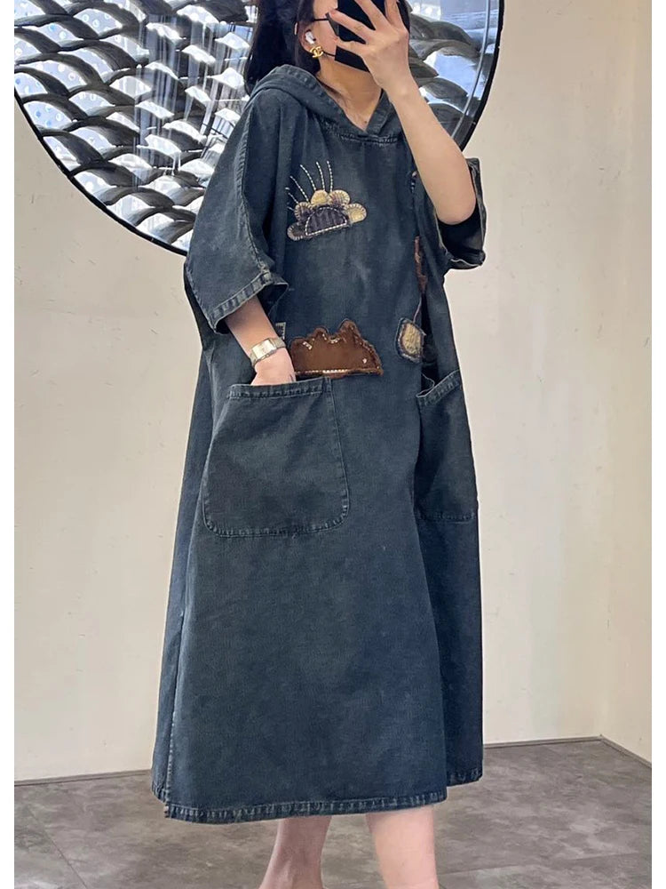 Amax LuluE 2026 Spring Korean Patchwork Hooded Denim Dress Womens Oversized Clothes Ladies Casual Vintage Classic Loose Vestidos