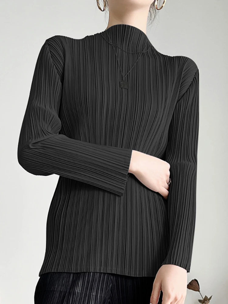 Miyake Pleated Long Sleeves Tops Fall 2025 Winter Korean Fashion Women Classic Solid Color Turtleneck Casual Elegant T-shirt