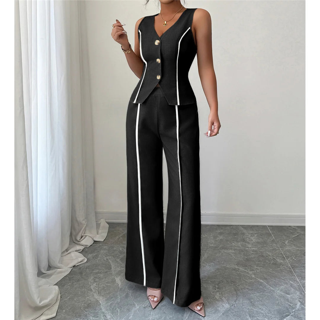 S - XL Sleeveless V Neck Vest Solid Women Suits 2 Pieces Sets Female Leisure Elegant Pants Formal Pantsuit Outfit For Women M127
