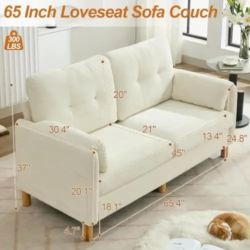 65 Inch Beige Chenille Mid Century Modern Loveseat Sofa with Padded Arms and Storage Pockets for Living Room