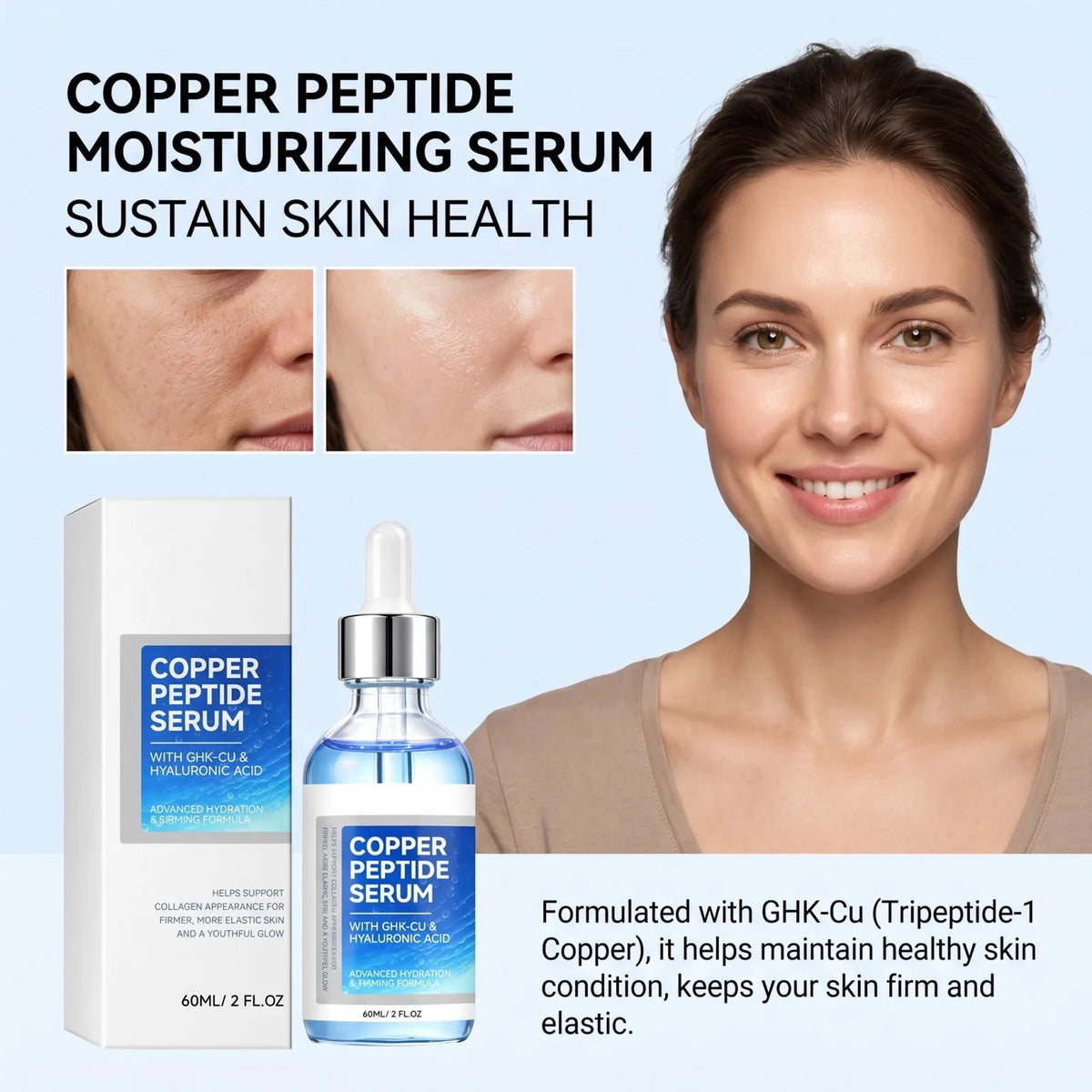 Copper Peptide Face Serum with Hyaluronic Acid & Niacinamide, GHK-Cu Hydrating Serum for Firm, Smooth & Glowing Skin 60ml
