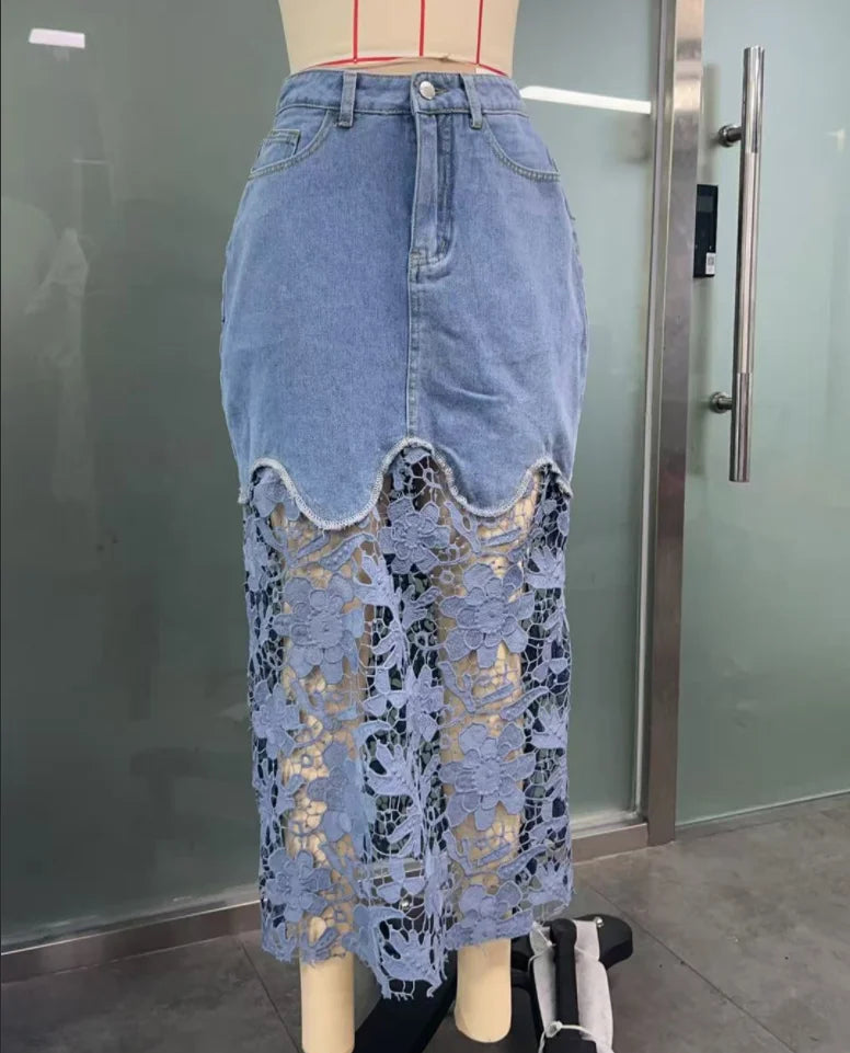 New  Fashion Lace Denim Skirts Patchwork Ladies 2026 Summer Street Pocket Women Casual Loose High Waist Jeans Skirt L274
