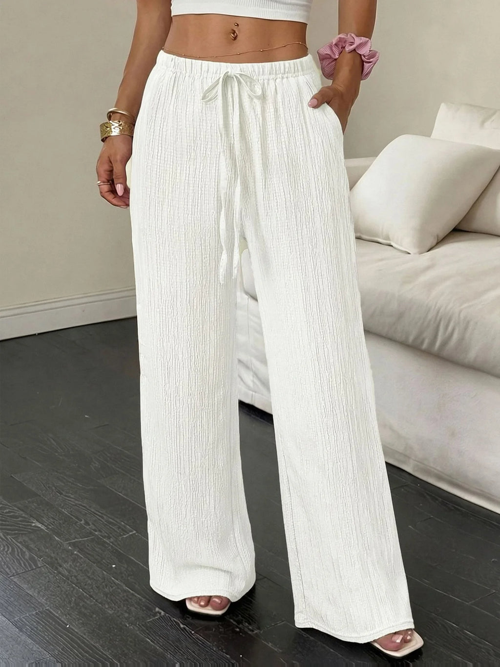 Women Crinkle Textured Wide Leg Pants Elastic Waist Loose Casual Lounge Trousers Soft Yoga Beach Vacation Flowy Pants
