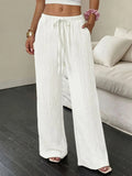 Women Crinkle Textured Wide Leg Pants Elastic Waist Loose Casual Lounge Trousers Soft Yoga Beach Vacation Flowy Pants