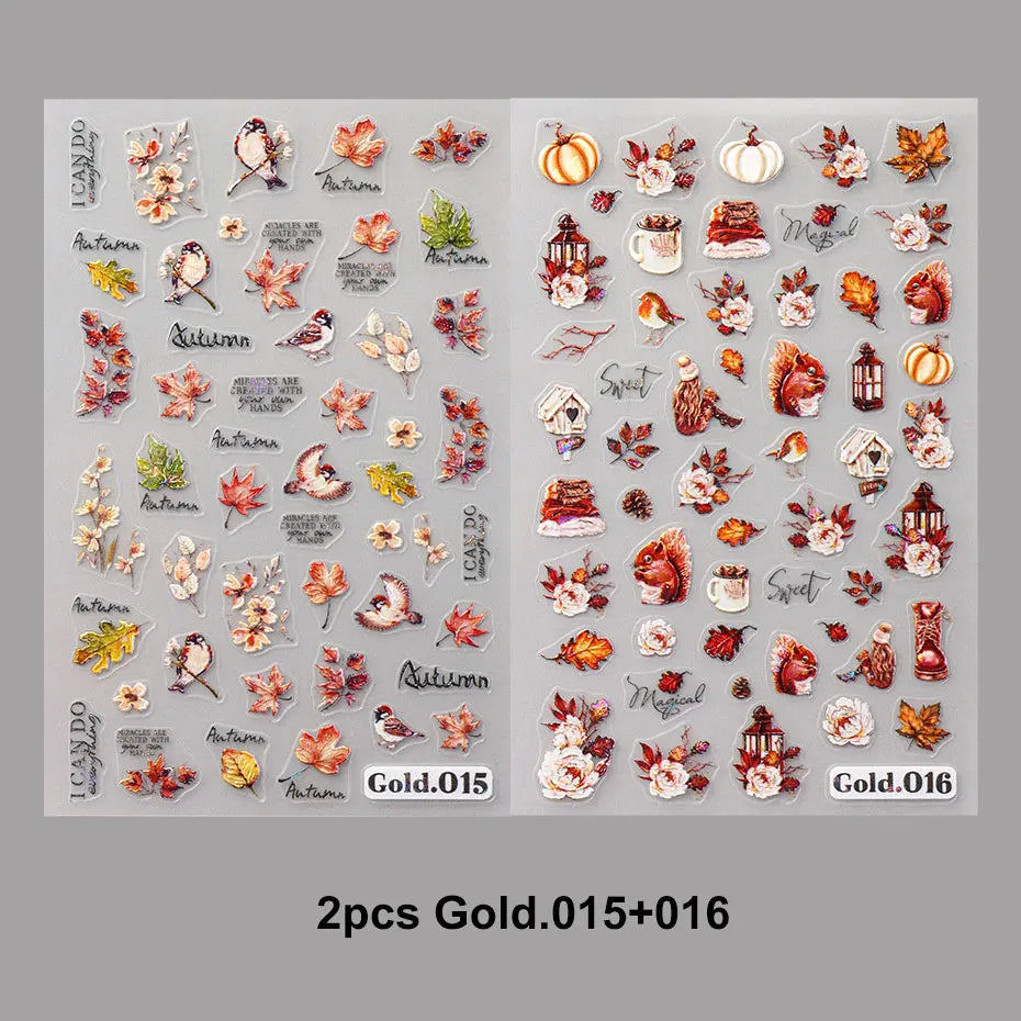 2/4pcs 5D Laser Autumn Bird Decals Fall Embossed Maple Leaves Squirrel Nail Sticker Fruits Flower Engraved Charm Manicure Decor