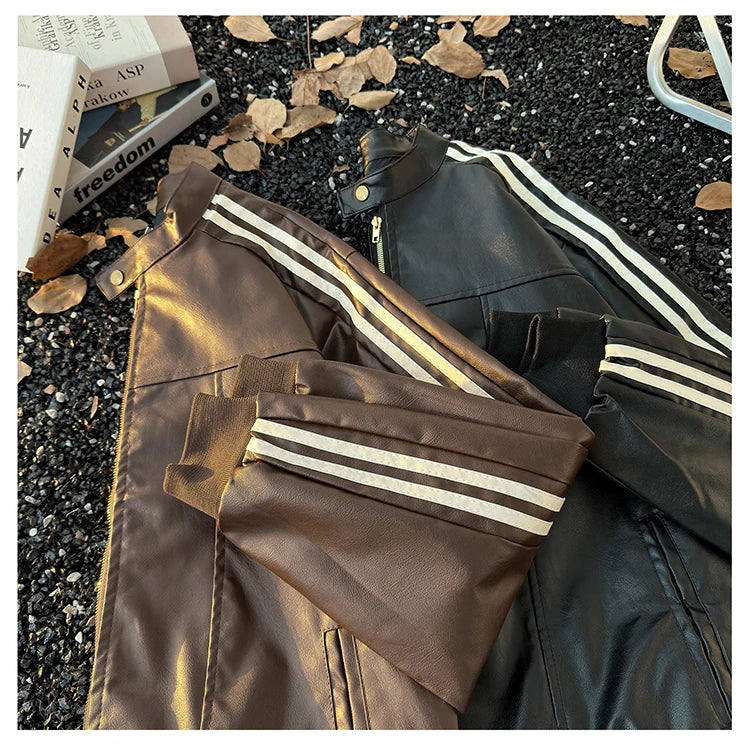 Men's Brown Leather Jacket American Retro Patchwork Striped Outerwear Youthful Style Summer Biker Coat Long Sleeve Zipper Clo...