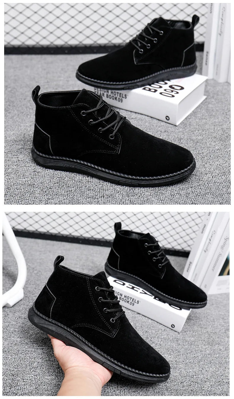 High Top Casual Grey Suede Shoes Men's Lace Up Black Flat Bottom Short Boots Men's Chelsea Boots High-quality Brand Denim Boots