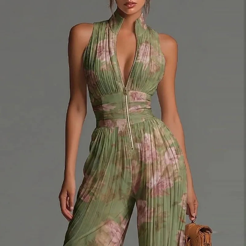 Sexy Deep V Neck Hollow Zip Jumpsuit Women's Spring Solid High Waist Wide Leg Romper Summer Sleeveless Pleated Vacation Overalls